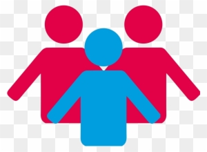 Three stylized human figures-two red, one blue-in a group, symbolizing teamwork or community.