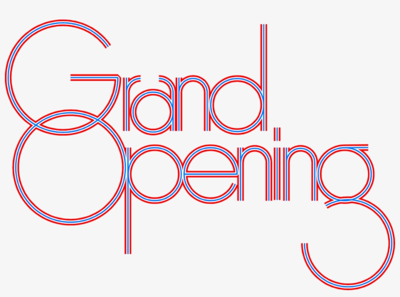 Retro-style "Grand Opening" text in red and blue double-outline 1970s-inspired typography on white background.