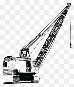 Black-and-white line drawing of a tracked crawler crane with extended boom and hook.