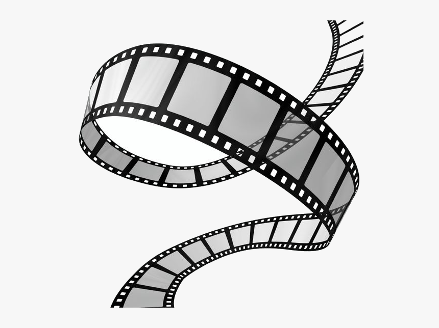 A stylized black-and-white film strip curling dynamically against a white background, symbolizing cinema and motion picture media.