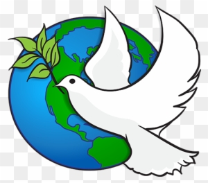 White dove holding olive branch flying over Earth globe, symbolizing peace and global unity.