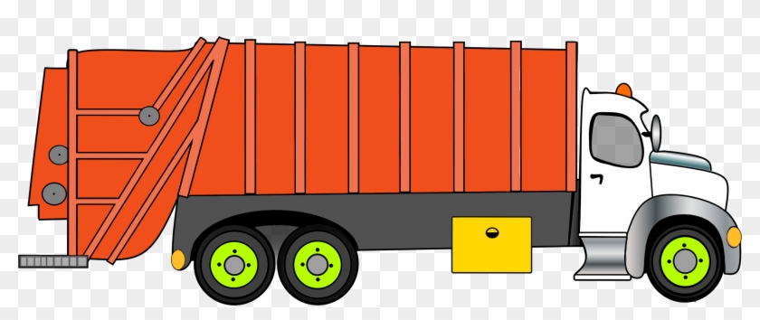 Orange garbage truck with white cab, green wheels, and hydraulic lift mechanism shown in side view illustration.