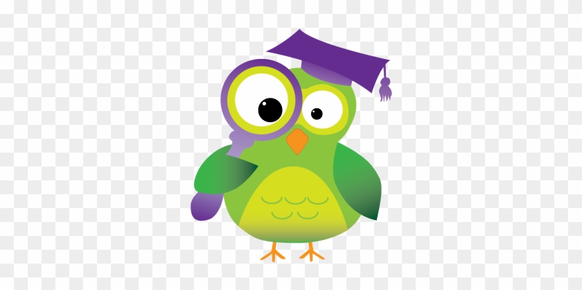 Green cartoon owl wearing a purple graduation cap and holding a magnifying glass, symbolizing education and curiosity.