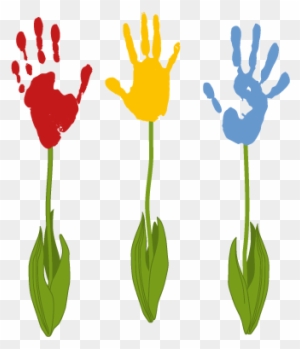 Three colorful handprint flowers-red, yellow, and blue-with green stems and leaves on transparent background.