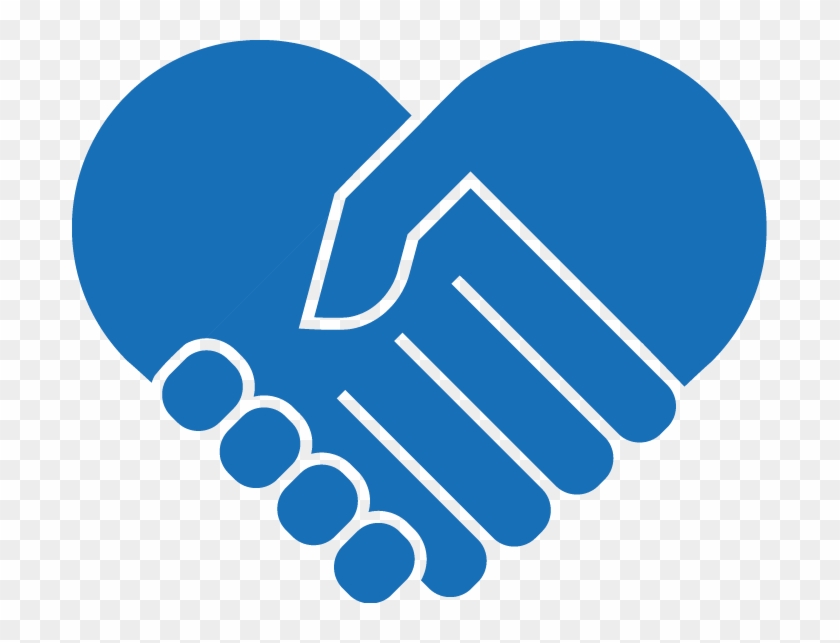Blue heart-shaped icon formed by two shaking hands, symbolizing partnership and care.