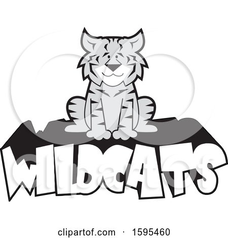 Cartoon wildcat mascot sitting atop bold "WILDCATS" text in grayscale design.