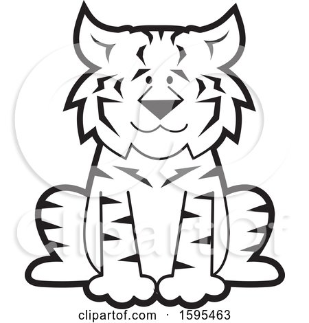 Black-and-white line art illustration of a friendly cartoon tiger sitting upright with bold stripes and smiling face.