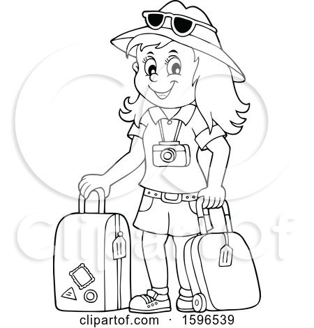 Smiling cartoon girl traveler with hat, sunglasses, camera, and two suitcases ready for adventure.
