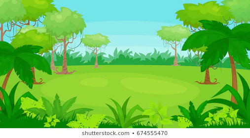 Lush green jungle clearing with palm trees, ferns, and distant foliage under a clear blue sky.