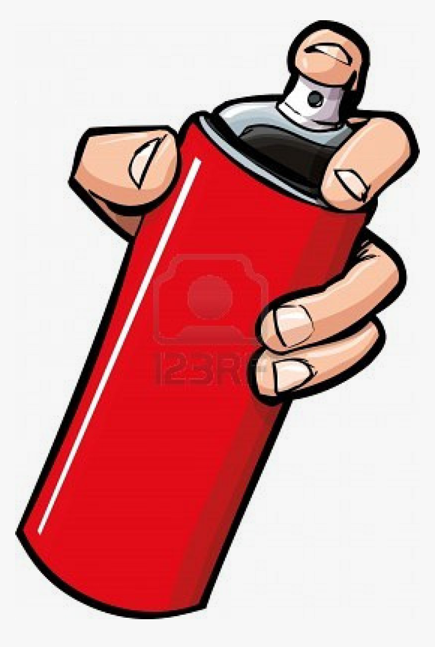 A cartoon-style hand gripping a red spray paint can, thumb poised on the nozzle, ready to spray.