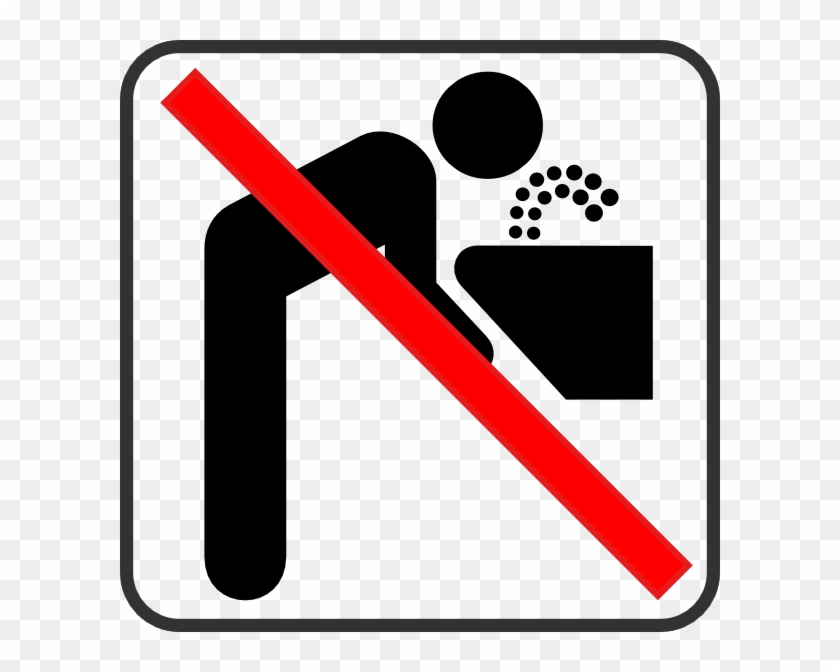 Prohibited sign showing a person vomiting into a trash bin, crossed out with a red diagonal line.