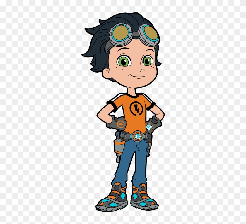 Animated boy with goggles, orange shirt, utility belt, and tech gloves standing confidently.