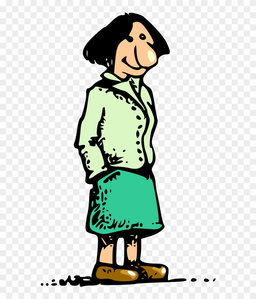 Cartoon woman with short black hair, green jacket and skirt, brown shoes, standing with hands in pockets and smiling.