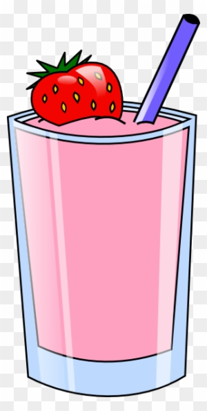 Pink strawberry smoothie in a clear glass with a purple straw and fresh strawberry garnish on top.