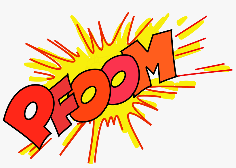 Comic-style "POOM" explosion graphic in red, orange, and yellow with dynamic lines.