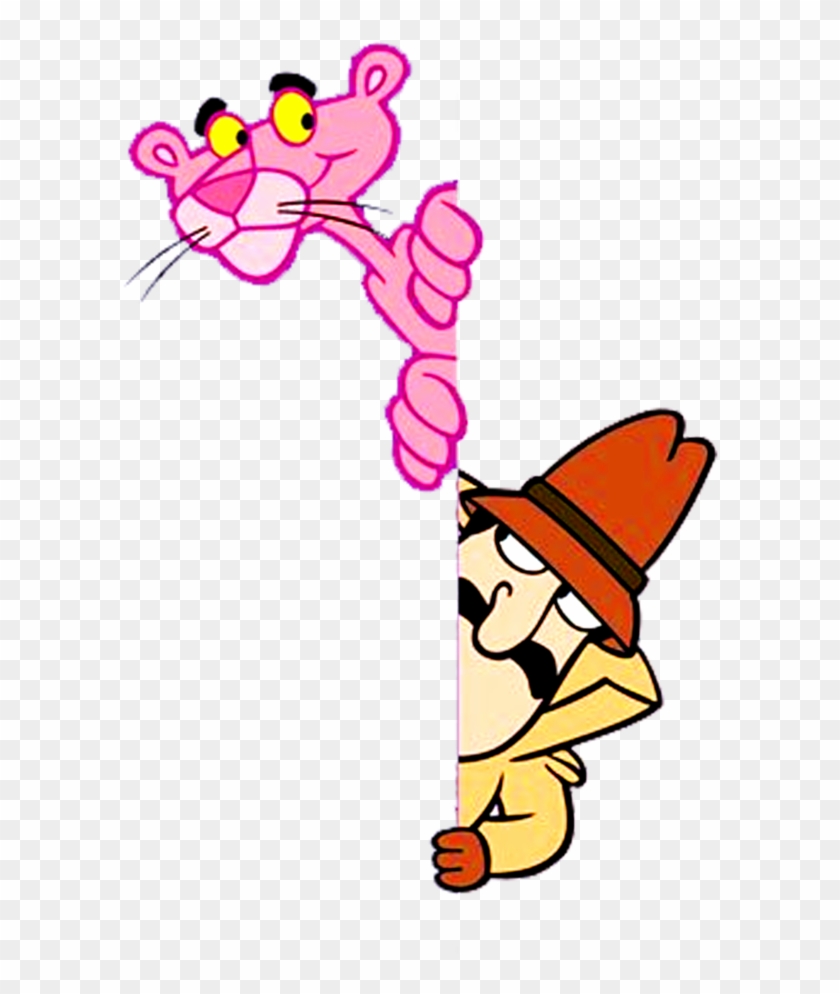 Pink Panther and Inspector Gadget peeking from opposite sides of a blank sign, cartoon style.