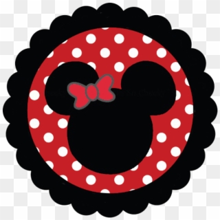 Minnie Mouse silhouette with red polka-dot background and black scalloped border, featuring a pink bow.