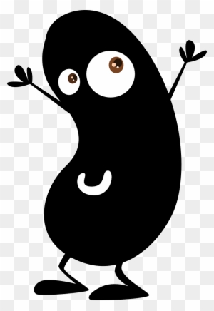A cheerful black bean cartoon character with big eyes, arms raised, and a smiling mouth, standing on two legs.