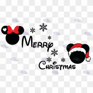 Festive Mickey and Minnie Mouse heads with "Merry Christmas" text, snowflakes, and clouds on transparent background.