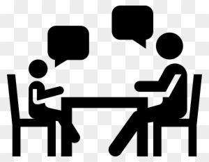 Two stylized figures seated at a table conversing, with speech bubbles indicating dialogue.