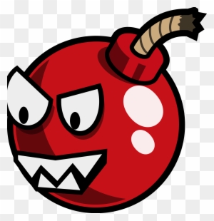 Angry red cartoon bomb with frowning eyes, sharp teeth, and a lit fuse.