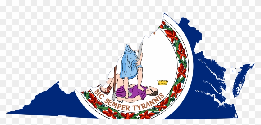 Virginia state seal featuring Virtus standing over Tyranny, with motto "Sic Semper Tyrannis" and floral border.