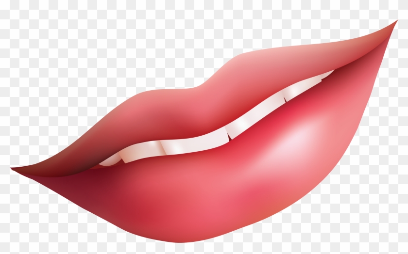 Realistic glossy red lips slightly parted showing white teeth, isolated on transparent background.