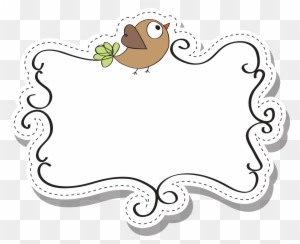 Whimsical white decorative frame with scalloped edges, dotted border, and a brown cartoon bird holding green leaves perched on top.