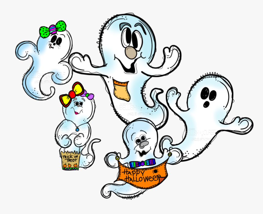 Five cheerful cartoon ghosts in Halloween costumes, holding signs and candy bags, with bows and playful expressions.