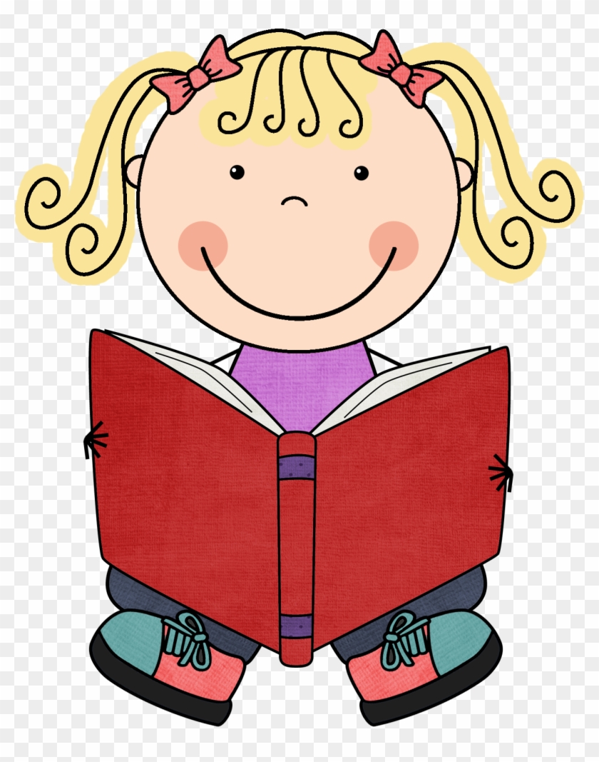 Smiling cartoon girl with blonde pigtails reading a red book.