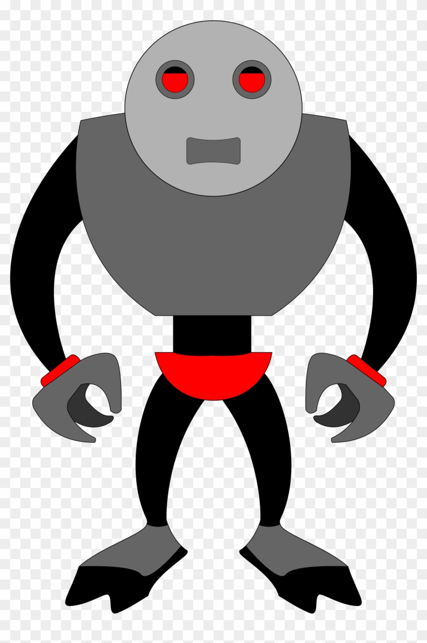 Gray robot with red eyes, black limbs, and red waistband standing front-facing.