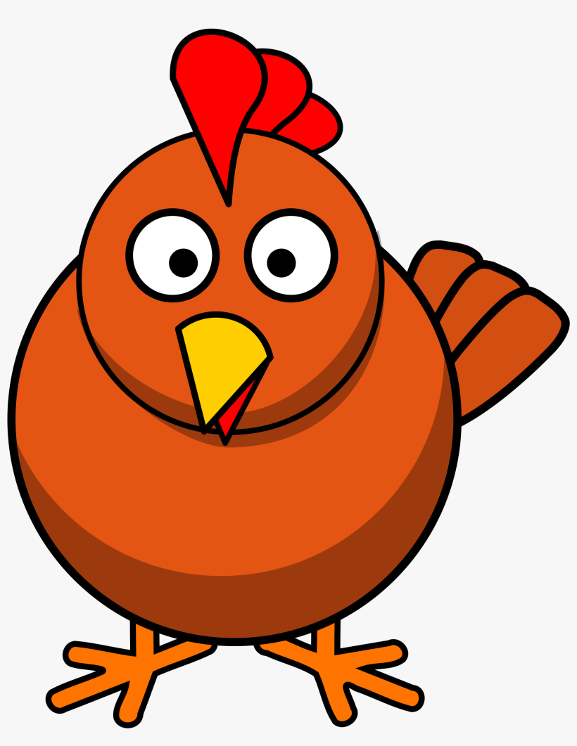 Cartoon orange chicken with red comb, yellow beak, and waving wing, smiling and friendly.