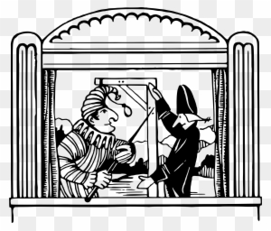 Black-and-white illustration of a jester and a masked figure interacting behind a stage curtain in a theatrical puppet show setting.