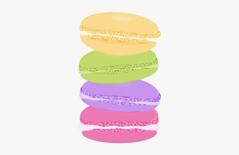 Stack of four colorful macarons-yellow, green, purple, and pink-with glittery fillings on white background.