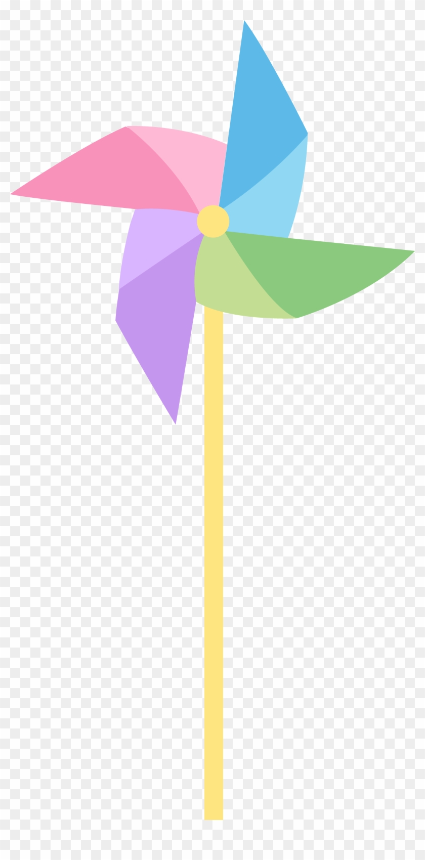 Colorful paper pinwheel with pink, purple, blue, and green blades on a yellow stick against transparent background.
