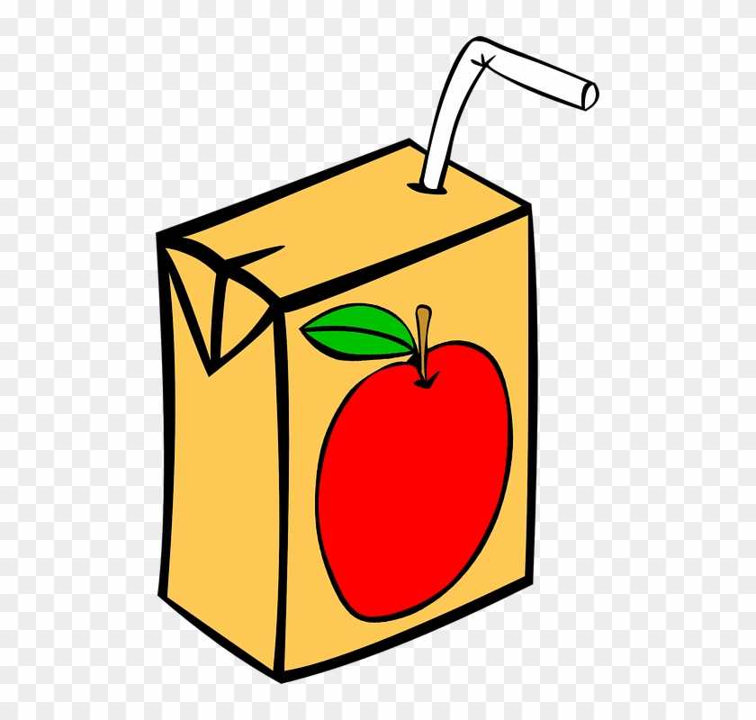 Yellow juice box with red apple illustration and white bendy straw, cartoon style on transparent background.
