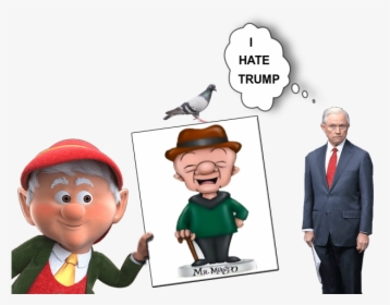 Cartoon illustration showing a caricatured figure holding a "Mr. Magoo" photo, a pigeon, and a man in a suit with a thought bubble saying "I HATE TRUMP".