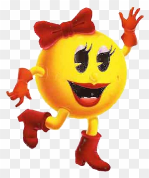 Ms. Pac-Man character with red bow, gloves, and boots, smiling and waving cheerfully.