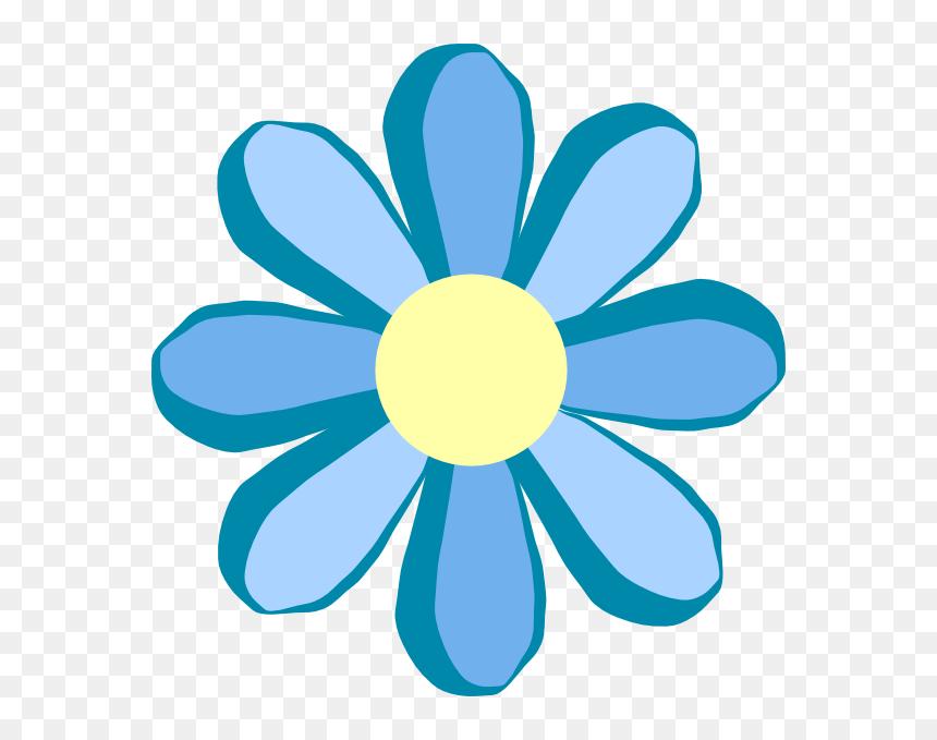 Blue daisy-style flower with yellow center and teal outlines on transparent background.