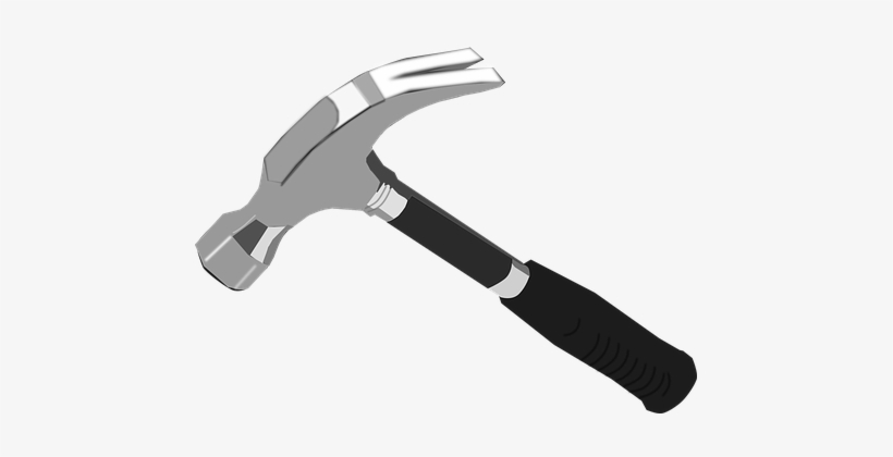 A realistic illustration of a claw hammer with a black rubber grip handle and a steel head featuring a flat striking face and curved claw.