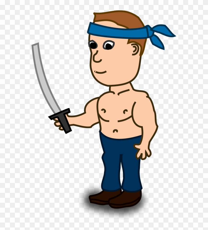Cartoon man with blue bandana, bare torso, holding a curved sword.