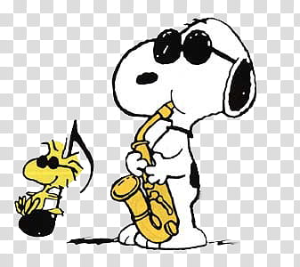 Snoopy playing saxophone with Woodstock singing, both wearing sunglasses, in classic Peanuts cartoon style.