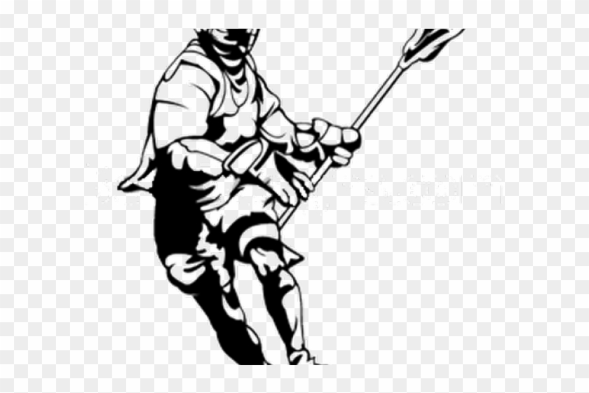 Black-and-white illustration of a lacrosse player in action, holding a stick and wearing protective gear.