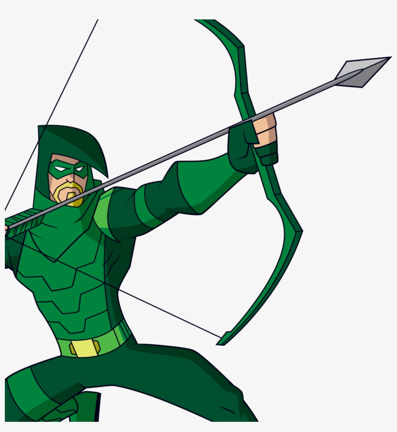 Green Arrow in green hooded suit aiming a bow and arrow, animated style.