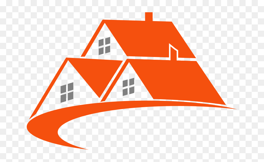 Orange stylized logo of three overlapping houses with gray windows and a curved base line.