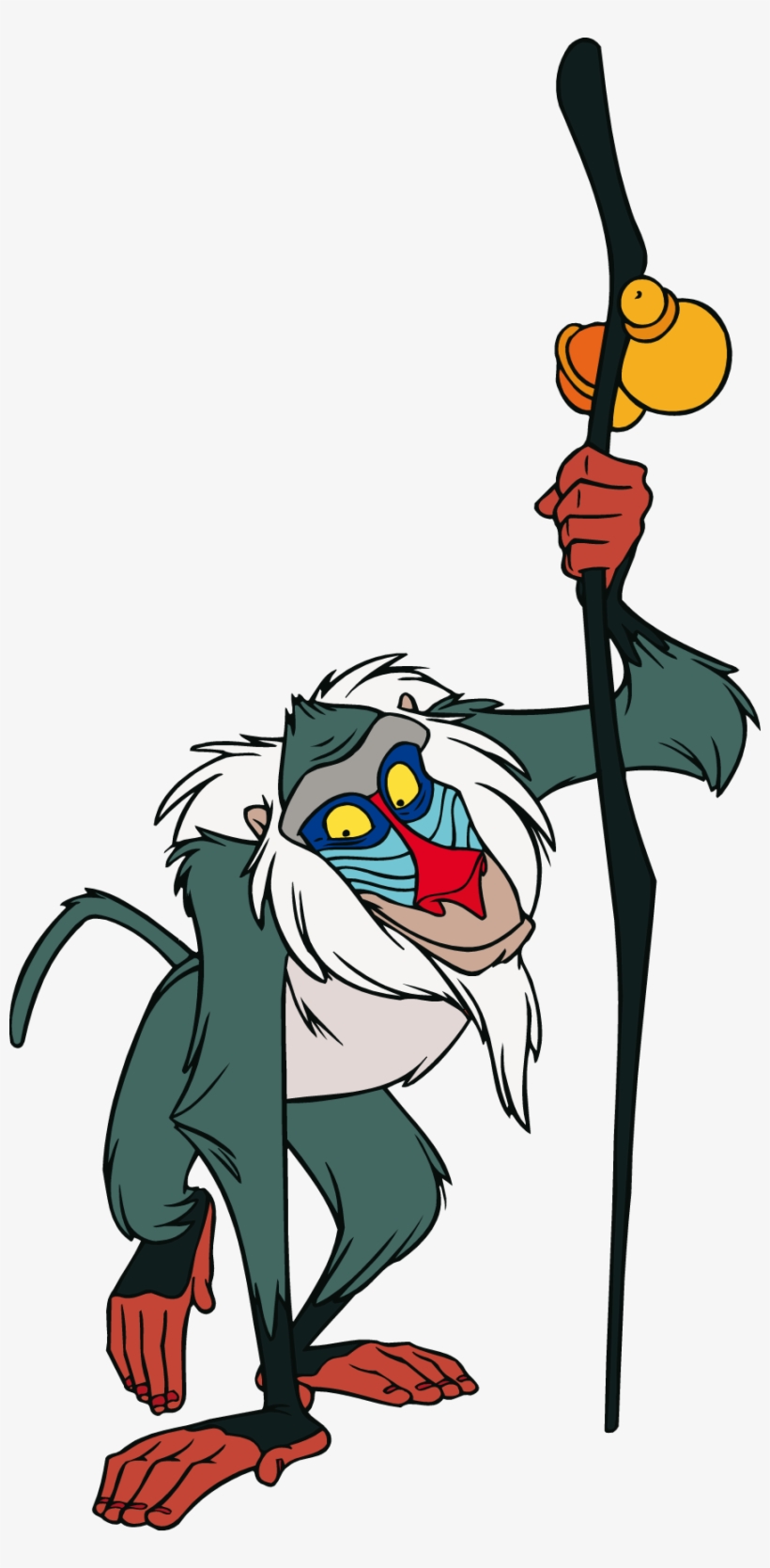 Rafiki, the wise mandrill from The Lion King, holding his staff with a gourd and honey pot.