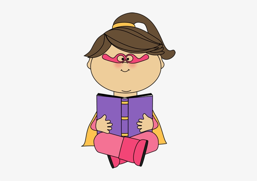 A cartoon girl in a superhero cape and pink mask reads a purple book while sitting cross-legged.