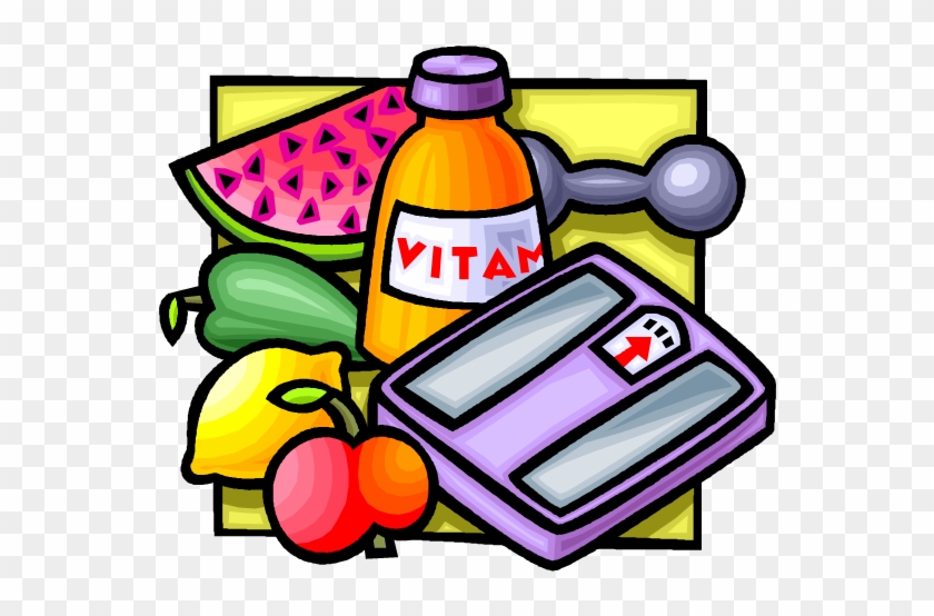Cartoon illustration of fruits, vitamin bottle, dumbbell, and digital scale symbolizing health and nutrition.