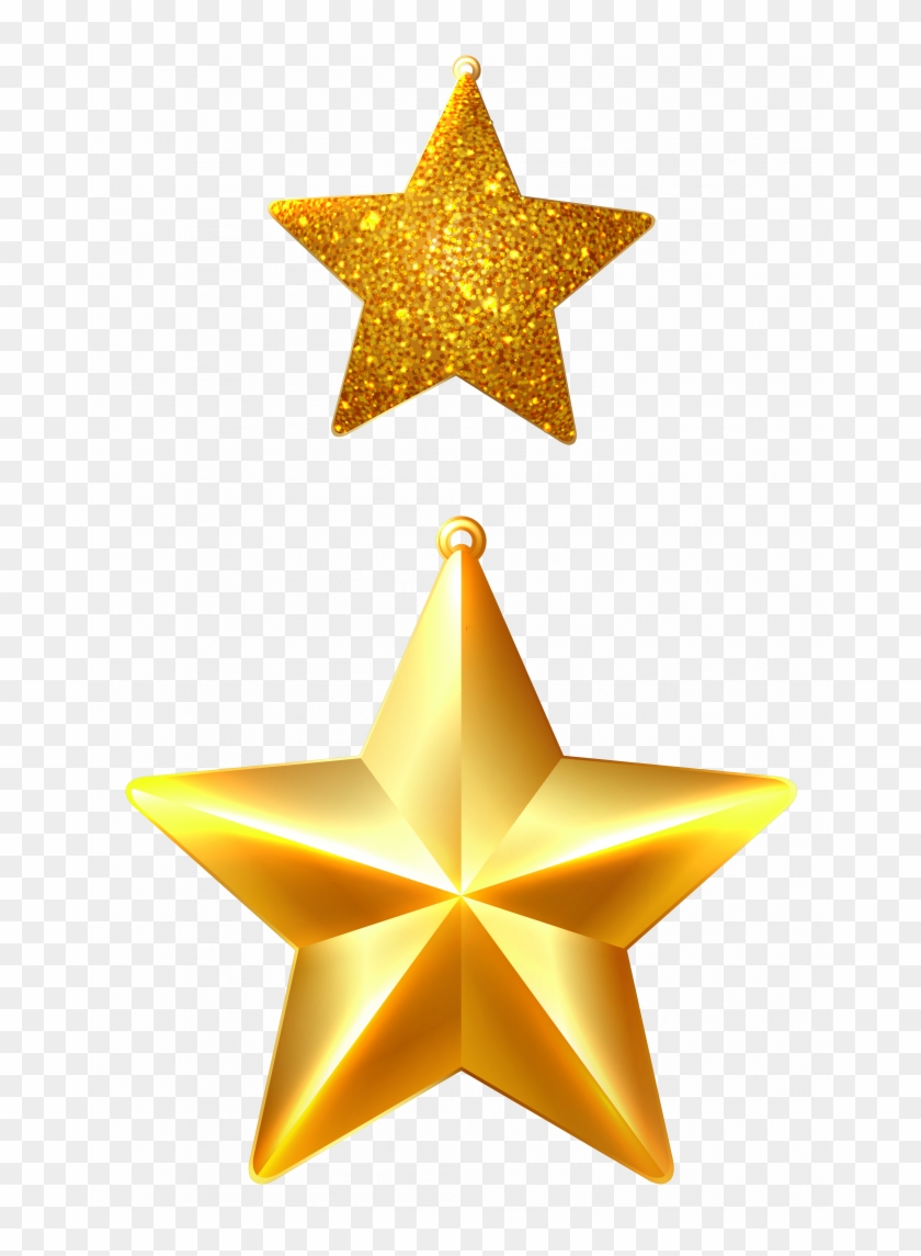 Two golden star ornaments-one glittery, one shiny metallic-hanging against transparent background.
