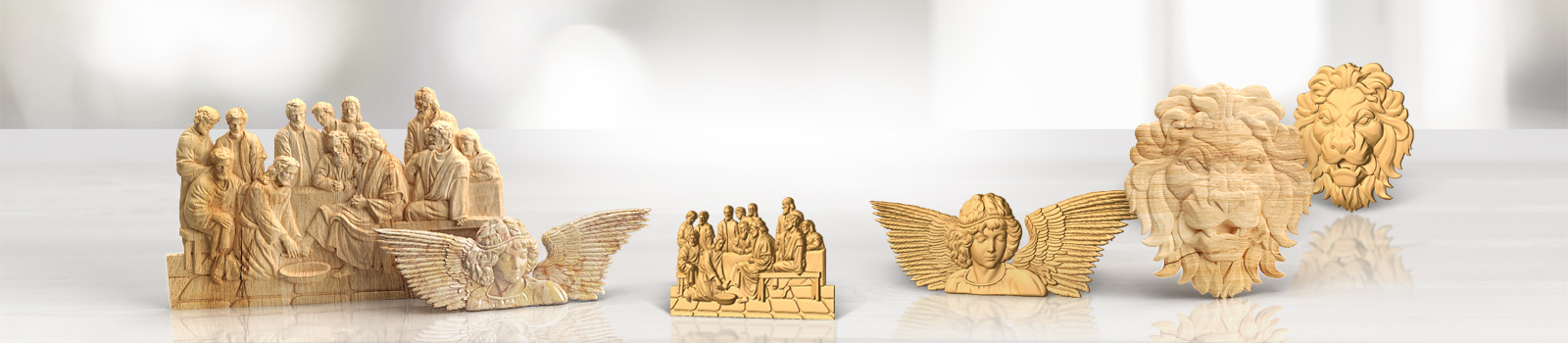 Intricate wooden carvings depicting biblical scenes, angel heads with wings, and lion motifs arranged on a reflective surface.